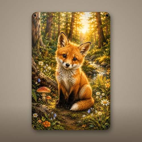 Fox cabin metal sign brown - cabin, sign,